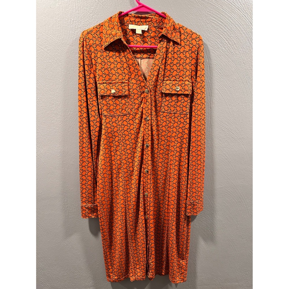Michael Kors Orange Chain Link Print Long Sleeve Button Front Shirt Dress M